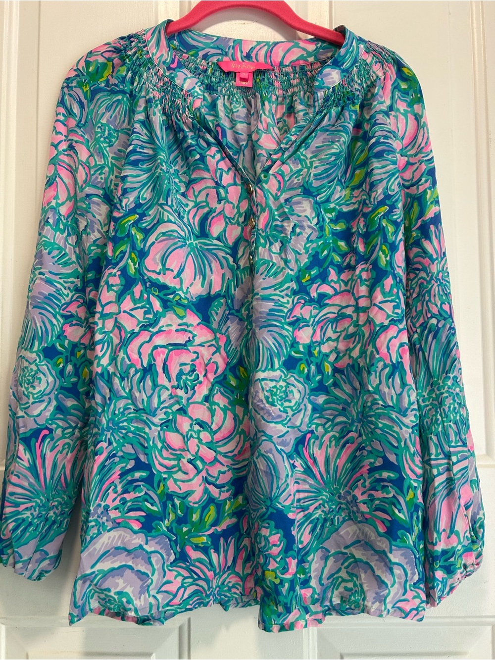 Lilly Pulitzer Pink & Teal Floral Peasant Blouse